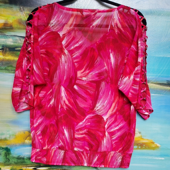 WHBM Sheer Criss Cross Shoulder Cutout Blouse - Picture 3 of 10